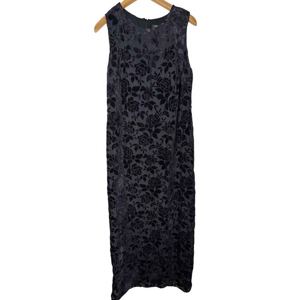 Harolds Burnout Velvet Maxi Dress Womens 14 Black Purple Floral Rayon Sleeveless